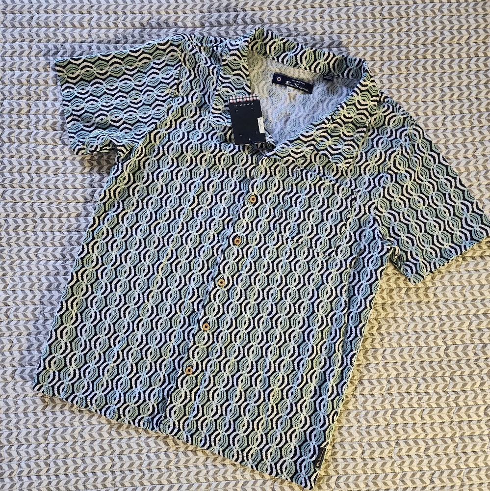 Ben Sherman Button Down Short Sleeve Teal and White Surfer Shirt